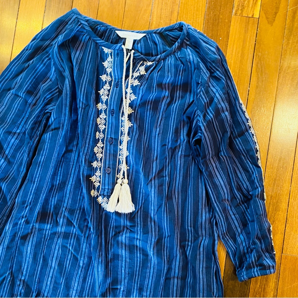 GARNET HILL NWT Blue Stripe Embroidered Tassel Peasant Dress - Picture 3 of 7